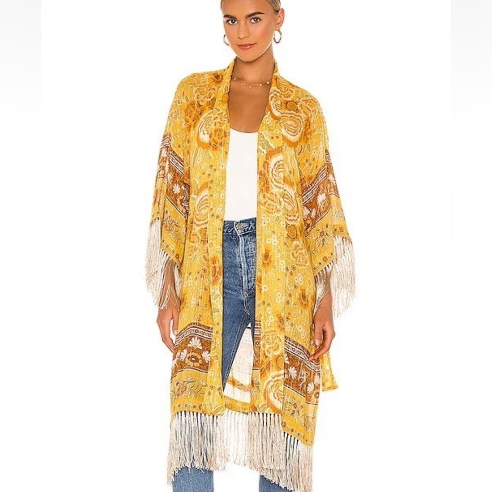 Spell Yellow and Brown Patterned Cape with Fringe
